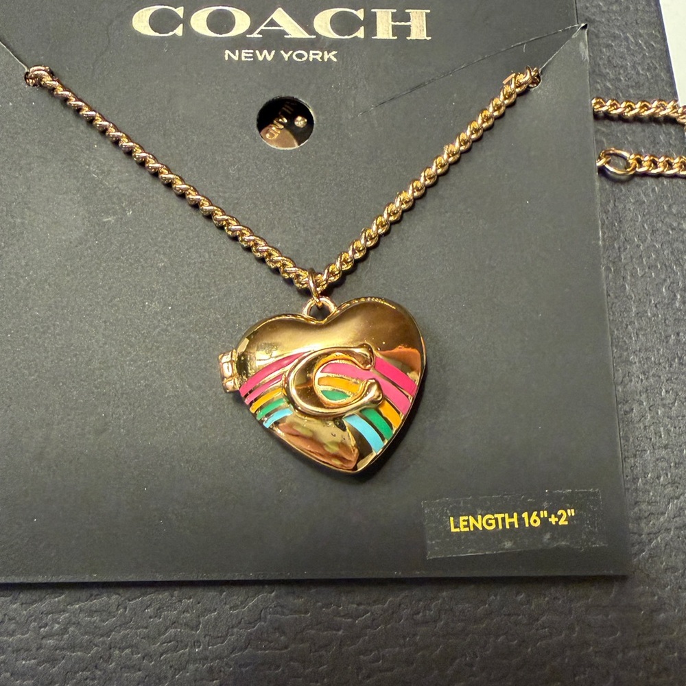 Coach Rainbow Heart Locket Necklace Gold Tone Enamel Pendant NWT - Picture 2 of 4